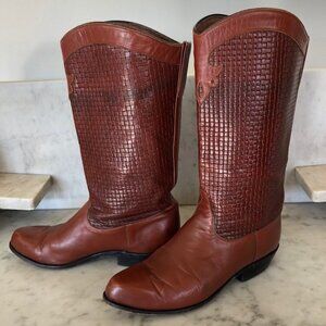 TONY LAMA Basket Weave Upper Leather Brown Pointed Toe Pull On Ladies Bo…